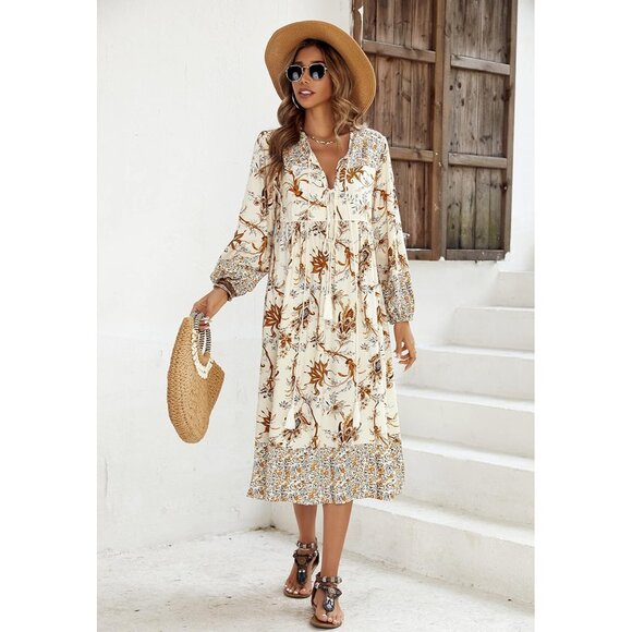 Women's Long Sleeve Floral V-Neck Boho Midi Dress with Ties for Vacation - Picture 2 of 6